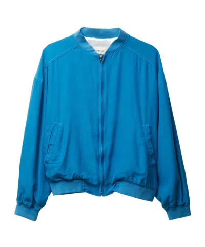 Versace Relaxed Fit Silk Jacket With Embroidered Logo And Zipper Closure In Blue