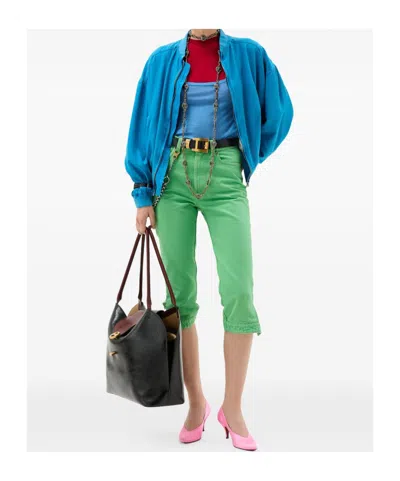 Versace Relaxed Fit Silk Jacket With Embroidered Logo And Zipper Closure In Blue