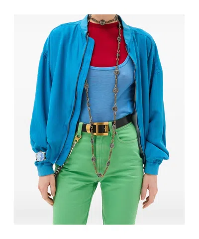 Versace Relaxed Fit Silk Jacket With Embroidered Logo And Zipper Closure In Blue