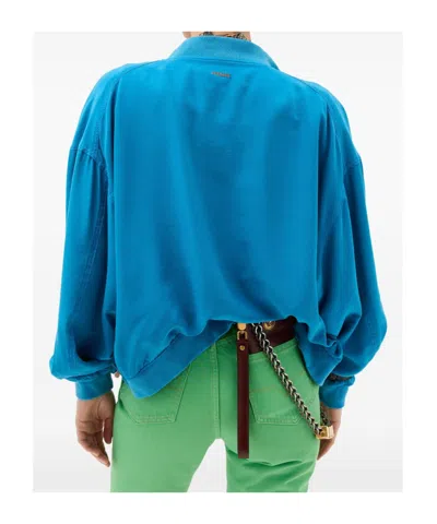 Versace Relaxed Fit Silk Jacket With Embroidered Logo And Zipper Closure In Blue