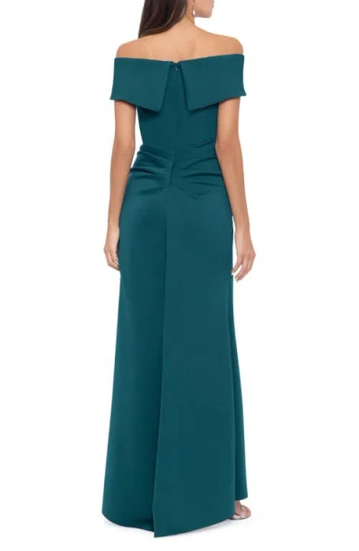 Xscape Evenings Off The Shoulder Ruffle Scuba Crepe Gown In Green