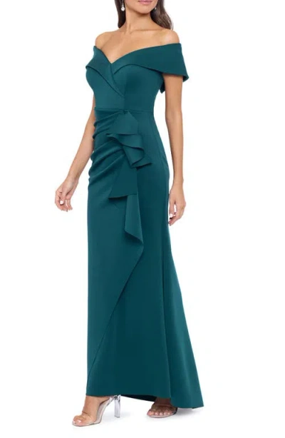Xscape Evenings Off The Shoulder Ruffle Scuba Crepe Gown In Green
