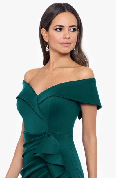 Xscape Evenings Off The Shoulder Ruffle Scuba Crepe Gown In Green
