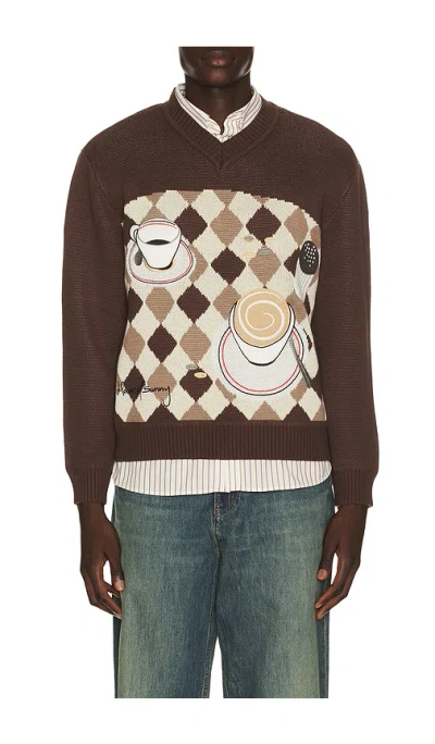 House Of Sunny Daily Grind Jacquard Knit V Neck Sweater In Multi