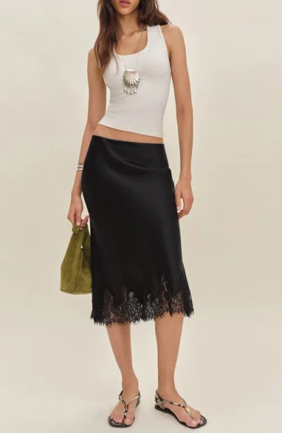 Reformation Carolina Lace Trim Silk Midi Skirt In Black