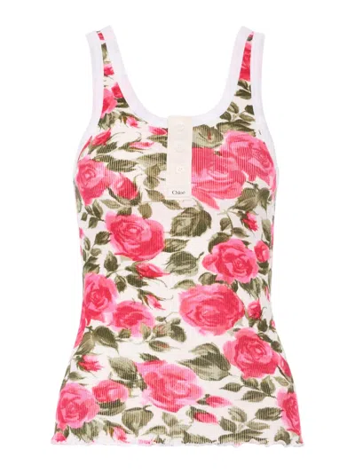 Chloé Cotton Henley Tank Top With All-over Floral Pattern In Pink