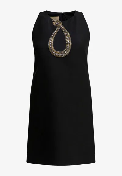 Valentino Garavani Rhinestone Snake Embroidery Crepe Couture Short Dress In Black