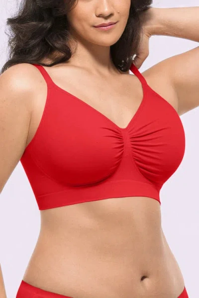 Shapellx Wireless Seamless Comfy Non Padded V Neck Bra In Red