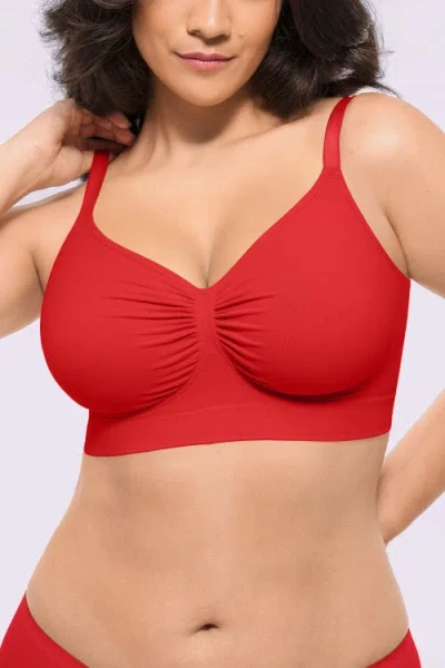 Shapellx Wireless Seamless Comfy Non Padded V Neck Bra In Red