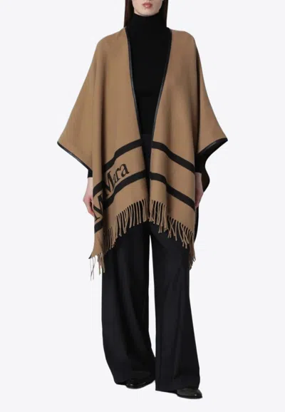 Max Mara Fringed Leather-trimmed Wool-jacquard Cape In Brown