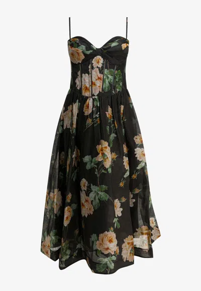 Zimmermann Luna Floral-print Linen And Silk-blend Midi Dress In Black