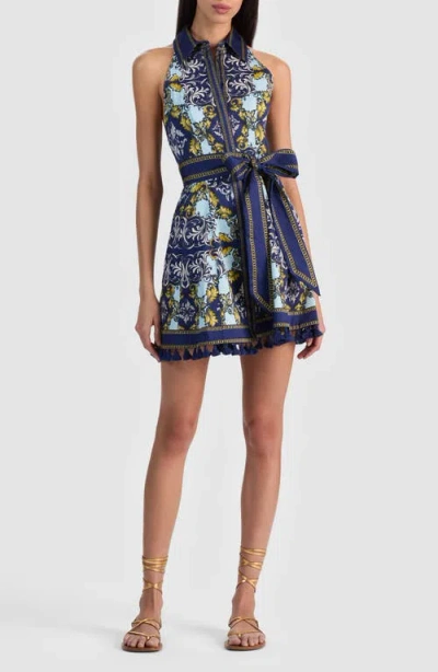 Alice And Olivia Lucy Halter Mini Shirt Dress Antique Scroll In Blue