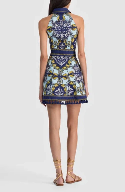 Alice And Olivia Lucy Halter Mini Shirt Dress Antique Scroll In Blue