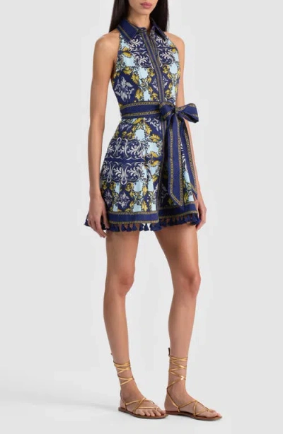 Alice And Olivia Lucy Halter Mini Shirt Dress Antique Scroll In Blue