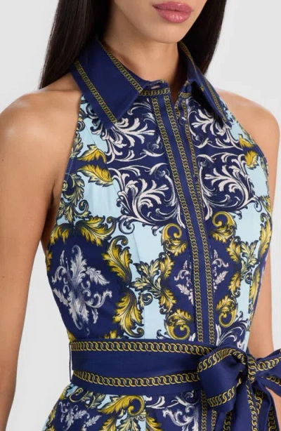 Alice And Olivia Lucy Halter Mini Shirt Dress Antique Scroll In Blue