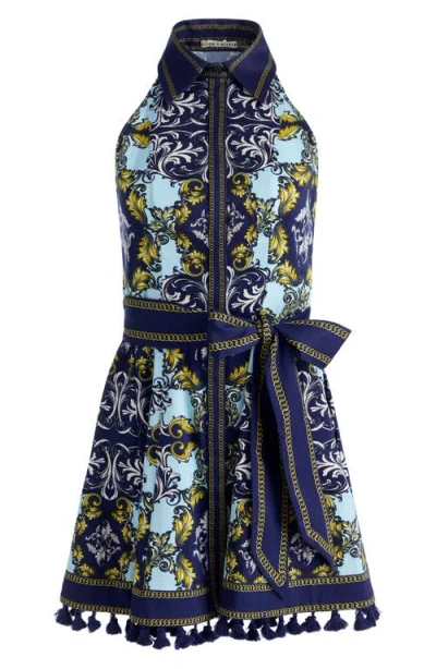 Alice And Olivia Lucy Halter Mini Shirt Dress Antique Scroll In Blue