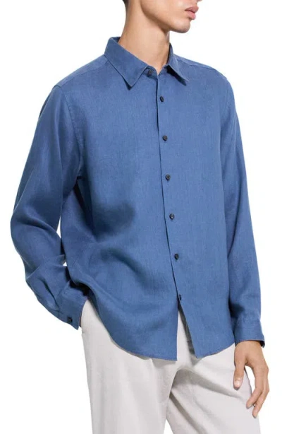 Theory Irving Solid Linen Button-up Shirt In Blue
