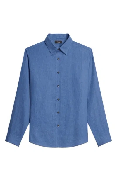 Theory Irving Solid Linen Button-up Shirt In Blue