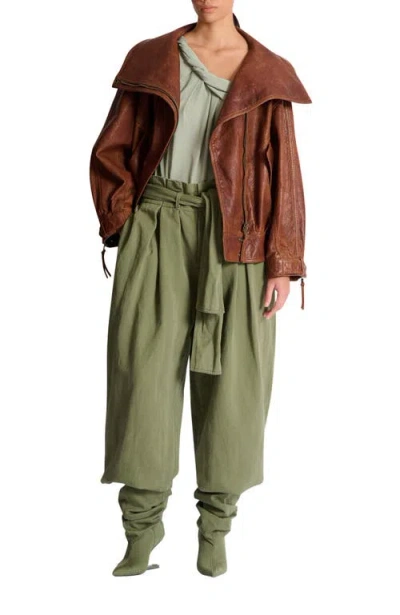 Balmain Belted Pleated Cotton And Linen-blend Twill Tapered Pants In Green