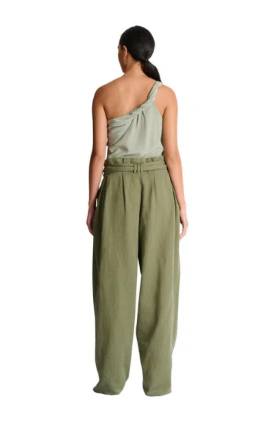 Balmain Belted Pleated Cotton And Linen-blend Twill Tapered Pants In Green
