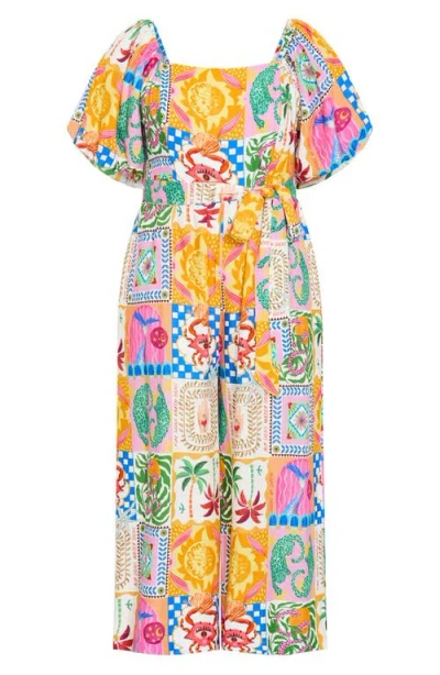 City Chic Positano Patchwork Print Jumpsuit In Multi