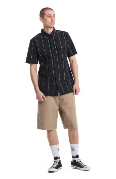 Volcom Whitworth Stripe Short Sleeve Button-up Shirt In Black