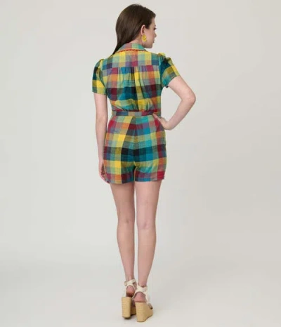 Unique Vintage Button Front Romper In Blue