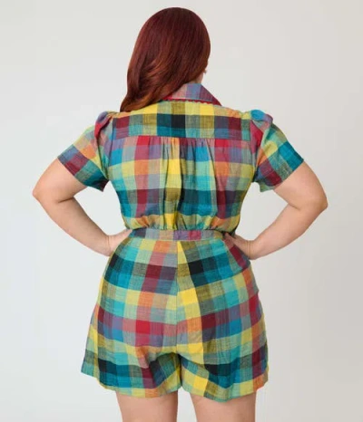 Unique Vintage Plus Size Button Front Romper In Green