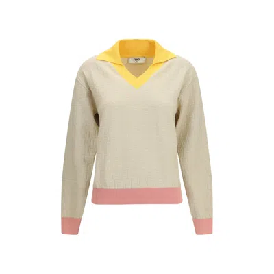 Fendi Knitwear Long Sleeves V Neck Contrasting Collar In Neutral