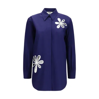 Fendi Poplin Shirt With Cut-out Details In Blue