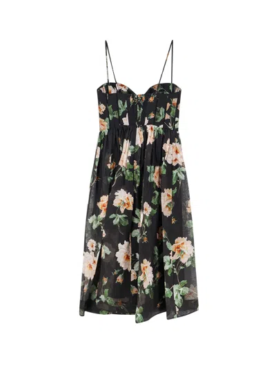 Zimmermann Luna Floral-print Linen And Silk-blend Midi Dress In Black