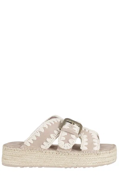 Mou Handcrafted Suede Platform Sandals With Jute Sole In Gray