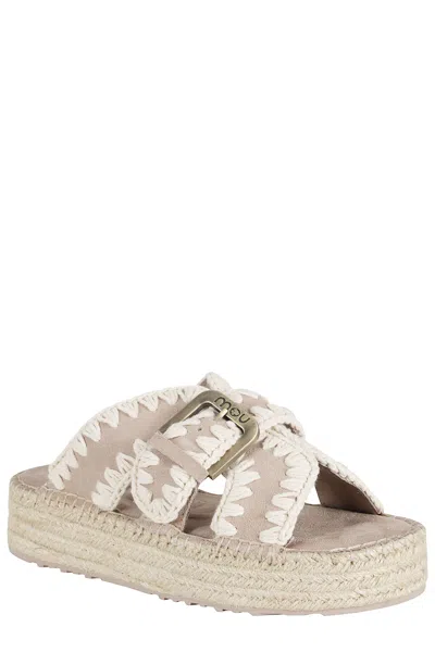 Mou Handcrafted Suede Platform Sandals With Jute Sole In Gray