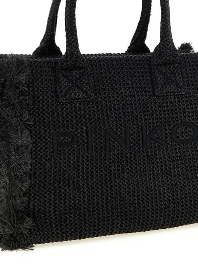 Pinko Frayed Lettering Medium Tote Bag In Black