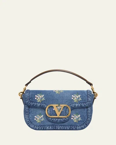 Valentino Alltime Medium Embroidered Denim Shoulder Bag With Embroidered Ribbon Strap In Multi