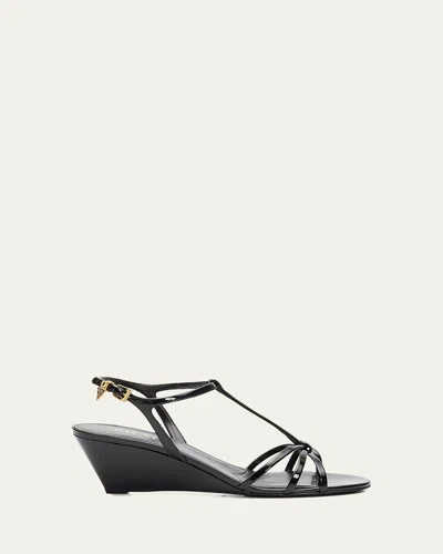 Prada Leather Sandals Wedge Heel Open Toe In Black