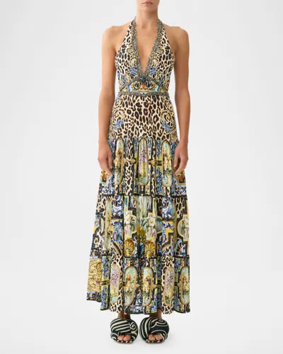 Camilla Halter Jersey Dress With Tiered Skirt Sevillian Style In Multi