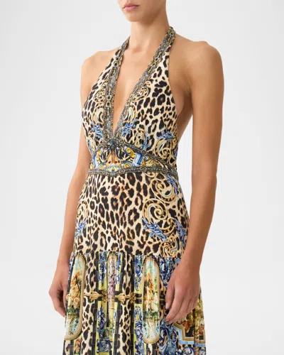 Camilla Halter Jersey Dress With Tiered Skirt Sevillian Style In Multi