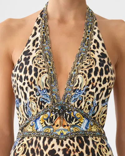 Camilla Halter Jersey Dress With Tiered Skirt Sevillian Style In Multi