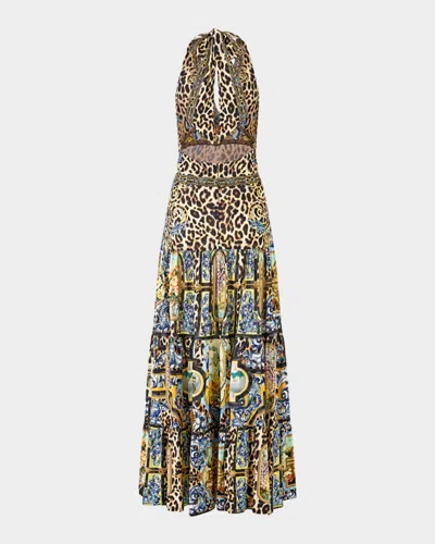 Camilla Halter Jersey Dress With Tiered Skirt Sevillian Style In Multi
