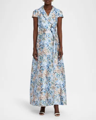 Sachin & Babi Etienne Floral-print Mikado Wrap Gown In Blue