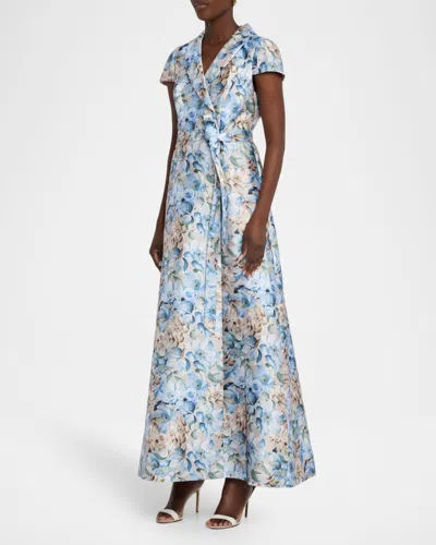 Sachin & Babi Etienne Floral-print Mikado Wrap Gown In Blue