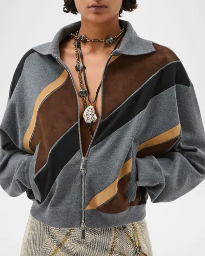 Versace Suede Patchwork Zip Jacket In Multi