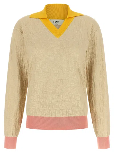 Fendi Knitwear Long Sleeves V Neck Contrasting Collar In Neutral