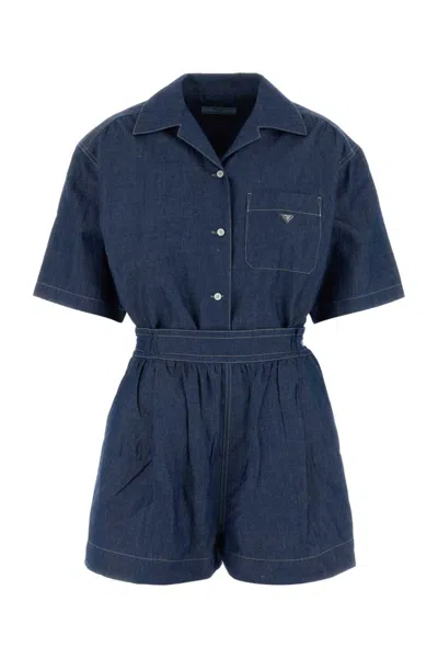 Prada Chambray Jumpsuit Belted Waist Chest Pocket Short Sleeves In Blue