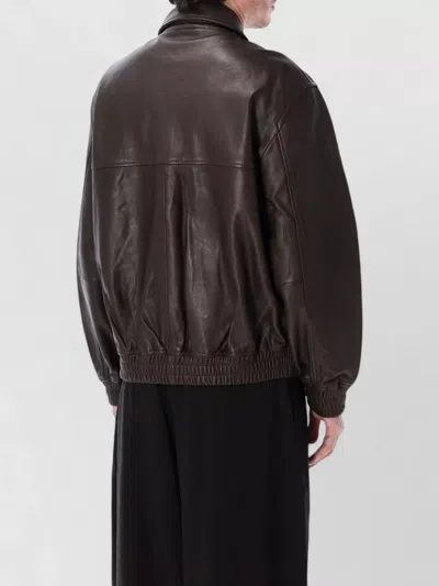 Studio Nicholson Collared Leather Bomber Jacket Featuring Pockets In Brown