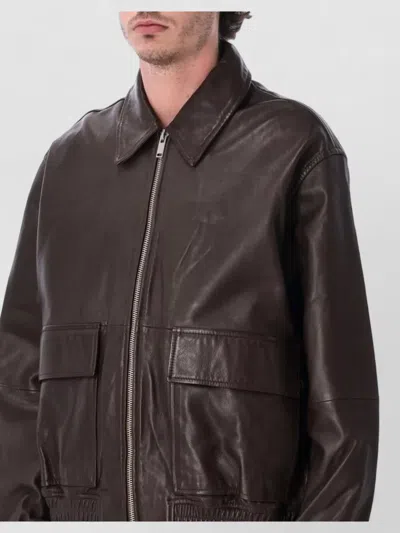 Studio Nicholson Collared Leather Bomber Jacket Featuring Pockets In Brown