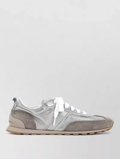 Brunello Cucinelli Monili Pull-tab Crinkle-effect Leather Low-top Sneakers In Gray