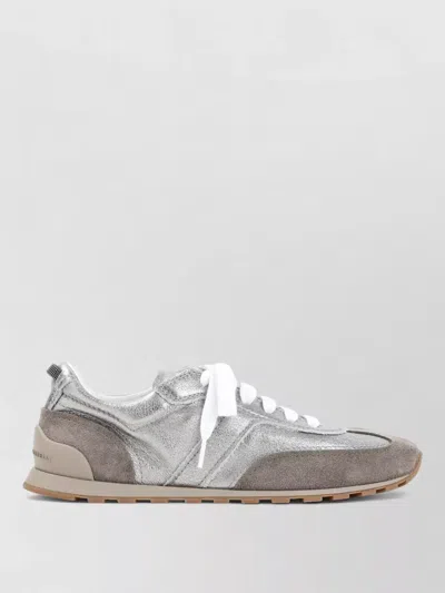 Brunello Cucinelli Monili Pull-tab Crinkle-effect Leather Low-top Sneakers In Gray