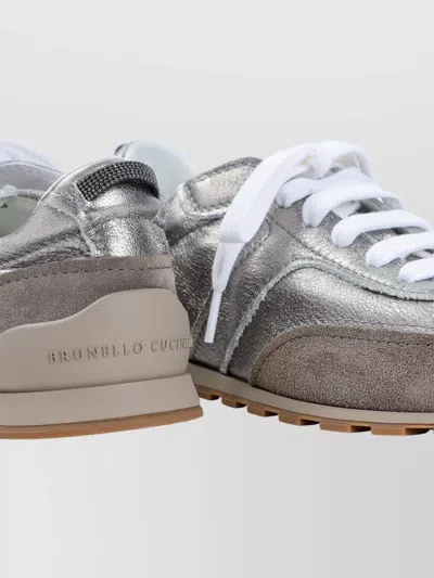 Brunello Cucinelli Monili Pull-tab Crinkle-effect Leather Low-top Sneakers In Gray